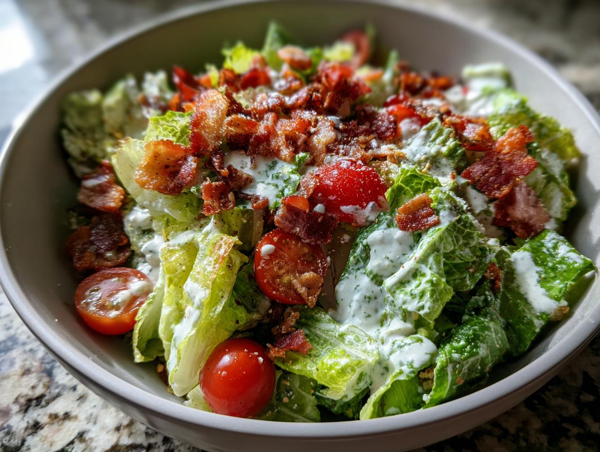 A refreshing bowl of Ranch BLT Salad with crisp romaine lettuce, cherry tomatoes, bacon, and creamy ranch dressing.