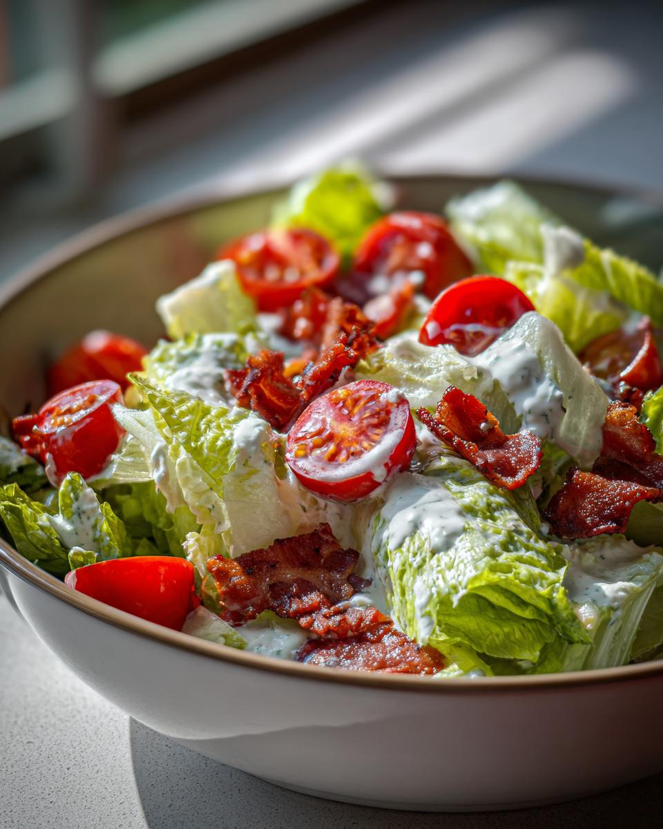 A close-up of a refreshing Ranch BLT Salad, featuring crisp lettuce, cherry tomatoes, bacon, and creamy ranch dressing.