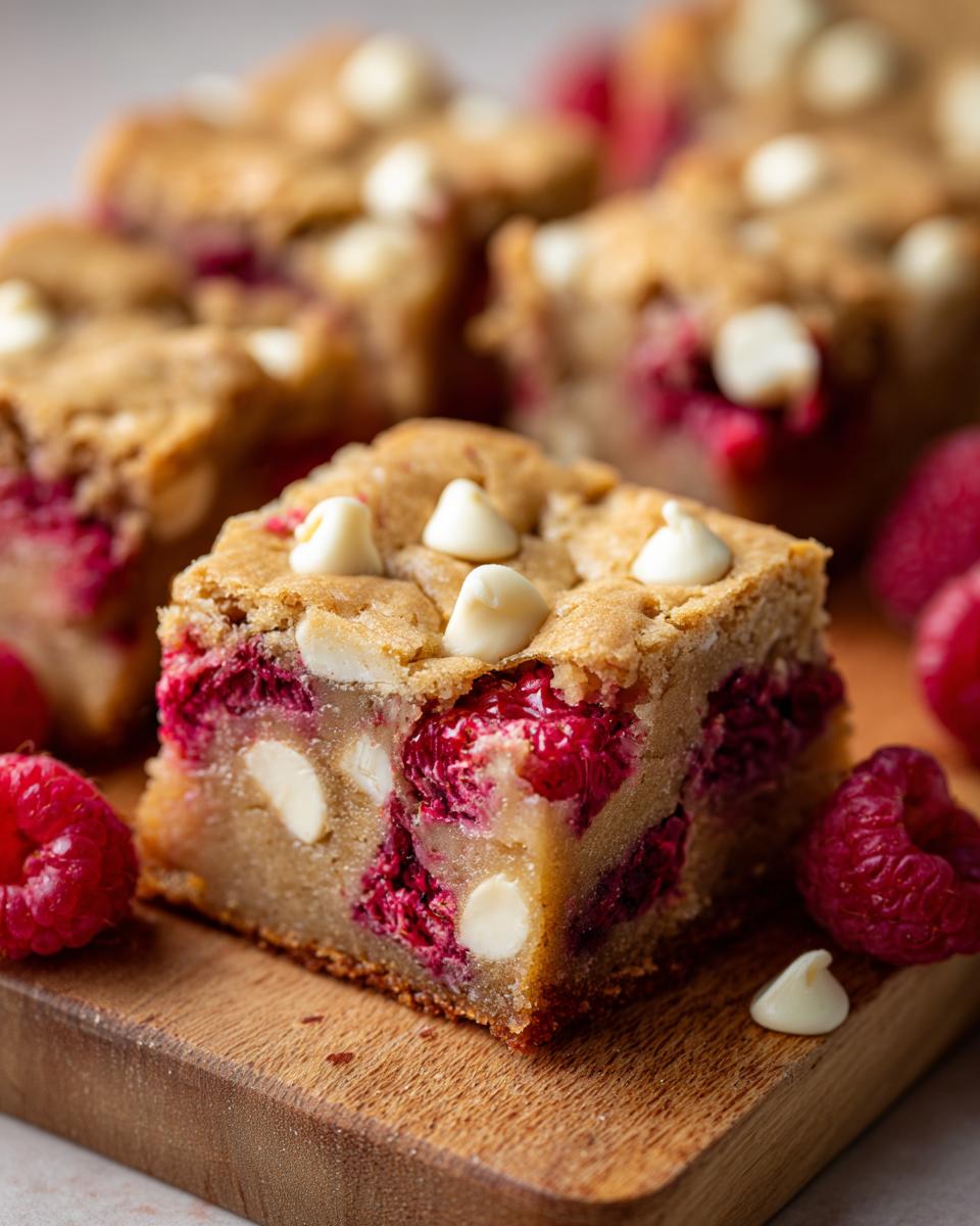 Close-up of a raspberry white chocolate blondie with white chocolate chips and fresh raspberries.