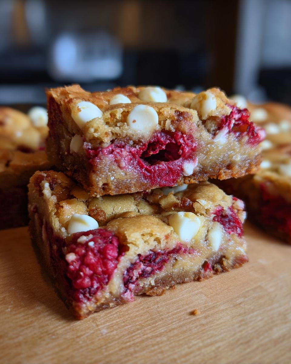Close-up of stacked Raspberry White Chocolate Blondies, showing fresh raspberries and white chocolate chips.