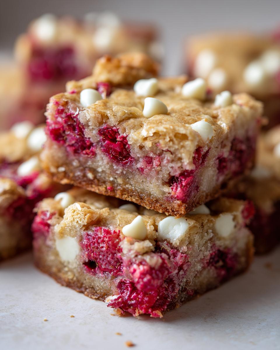 Close-up of stacked Raspberry White Chocolate Blondies, showcasing fresh raspberries and white chocolate chips.