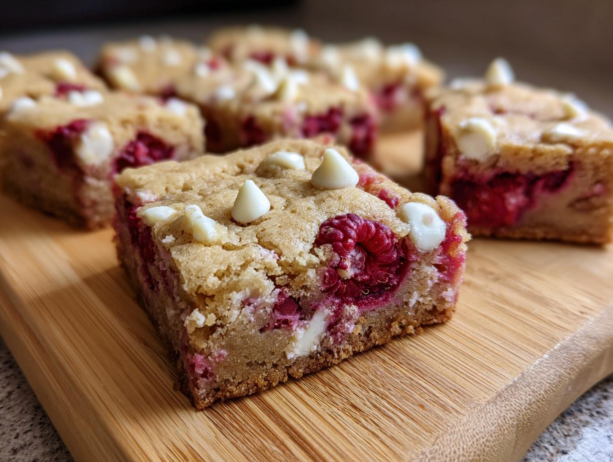 Close-up of a raspberry white chocolate blondie with white chocolate chips and fresh raspberries.