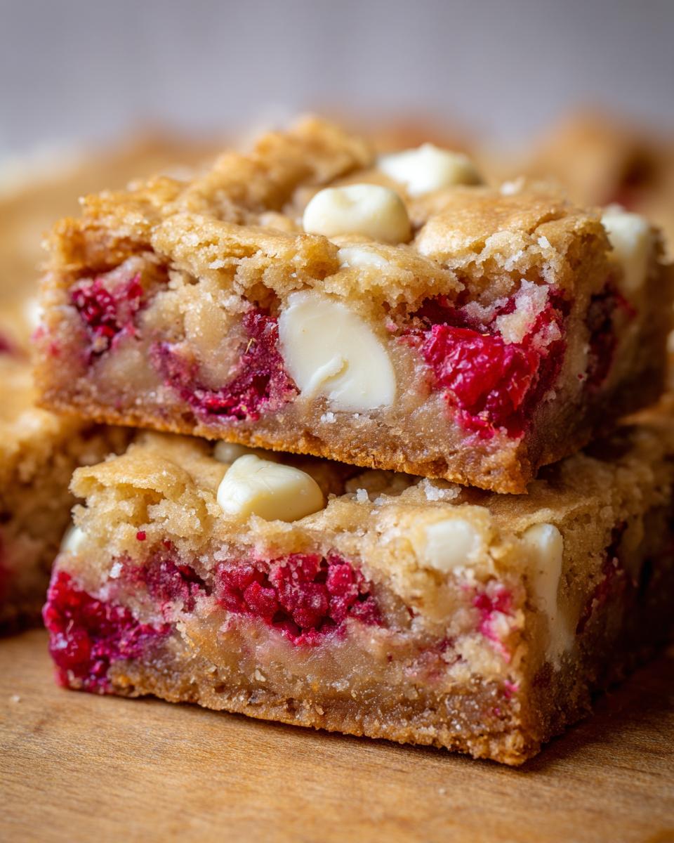 Close-up of two Raspberry White Chocolate Blondies stacked on a wooden board, showing chunks of white chocolate and raspberries.