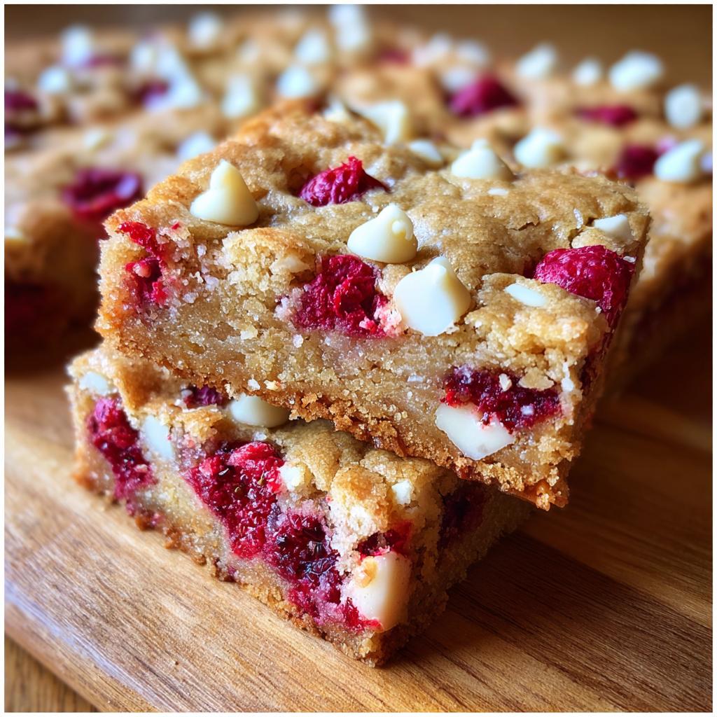Close-up of two Raspberry White Chocolate Blondies stacked on a wooden board, showing chunks of white chocolate and raspberries.