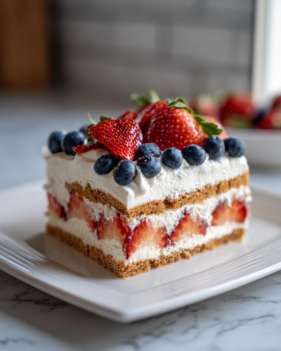 A slice of red white and blue icebox cake topped with strawberries and blueberries, perfect for Fourth of July desserts.