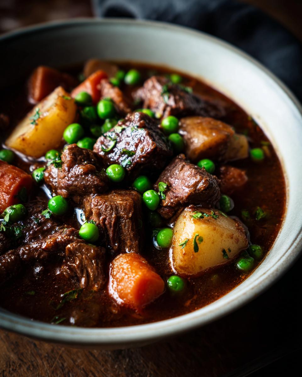 A close-up of rich slow cooker beef stew, featuring tender beef chunks, potatoes, carrots, and peas in a dark, savory broth.