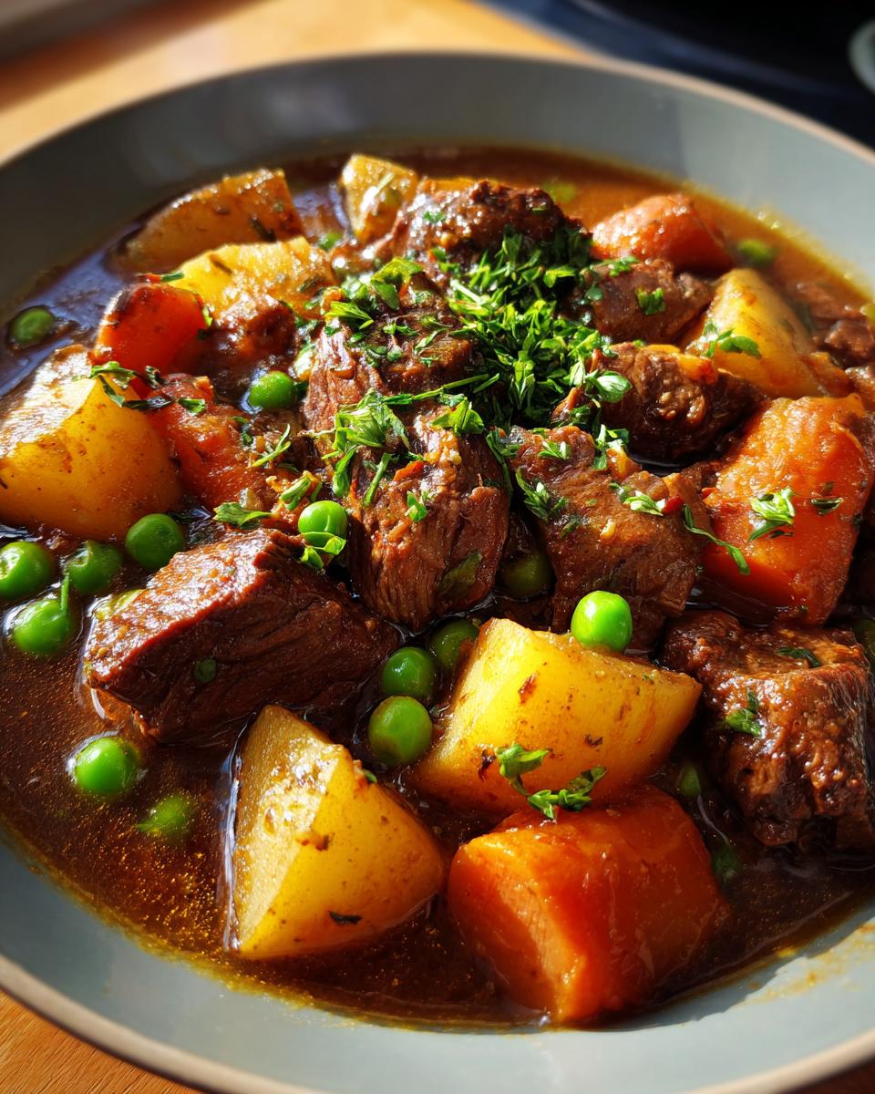 A close-up of rich slow cooker beef stew, featuring tender beef chunks, hearty potatoes, bright green peas, and a savory broth, garnished with fresh parsley.
