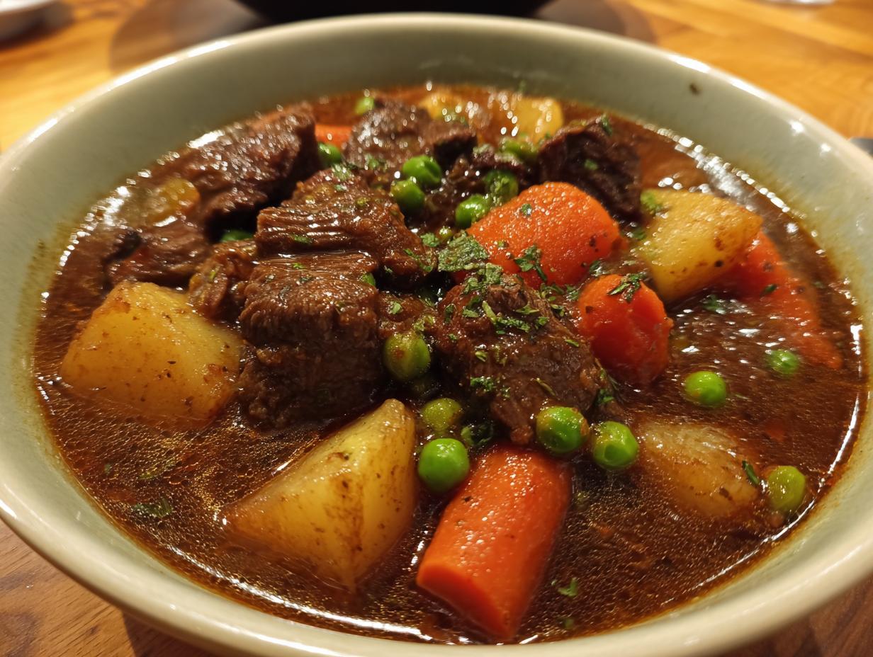 A close-up of a bowl of rich slow cooker beef stew, featuring tender beef chunks, potatoes, carrots, and peas.