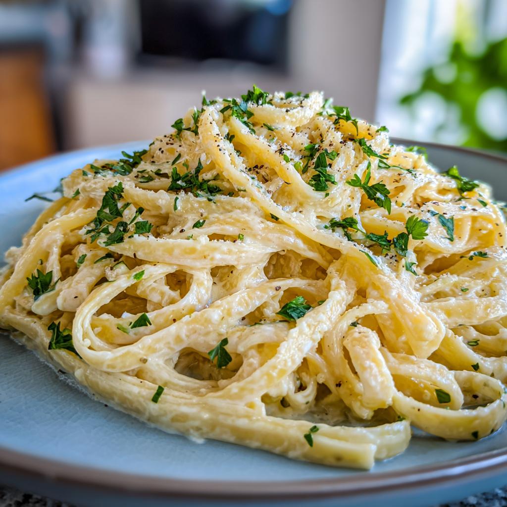 Close-up of a plate of fettuccine alfredo pasta, generously coated in creamy sauce and sprinkled with fresh parsley and black pepper.