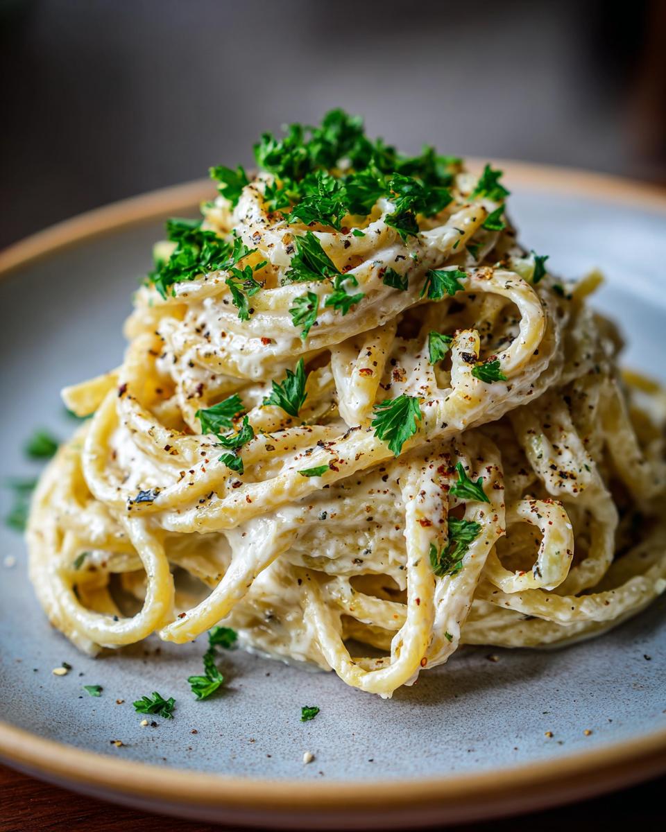 A close-up of creamy pasta coated in Alfredo sauce, topped with fresh parsley and black pepper. This is a pasta recipe featuring roasted garlic.