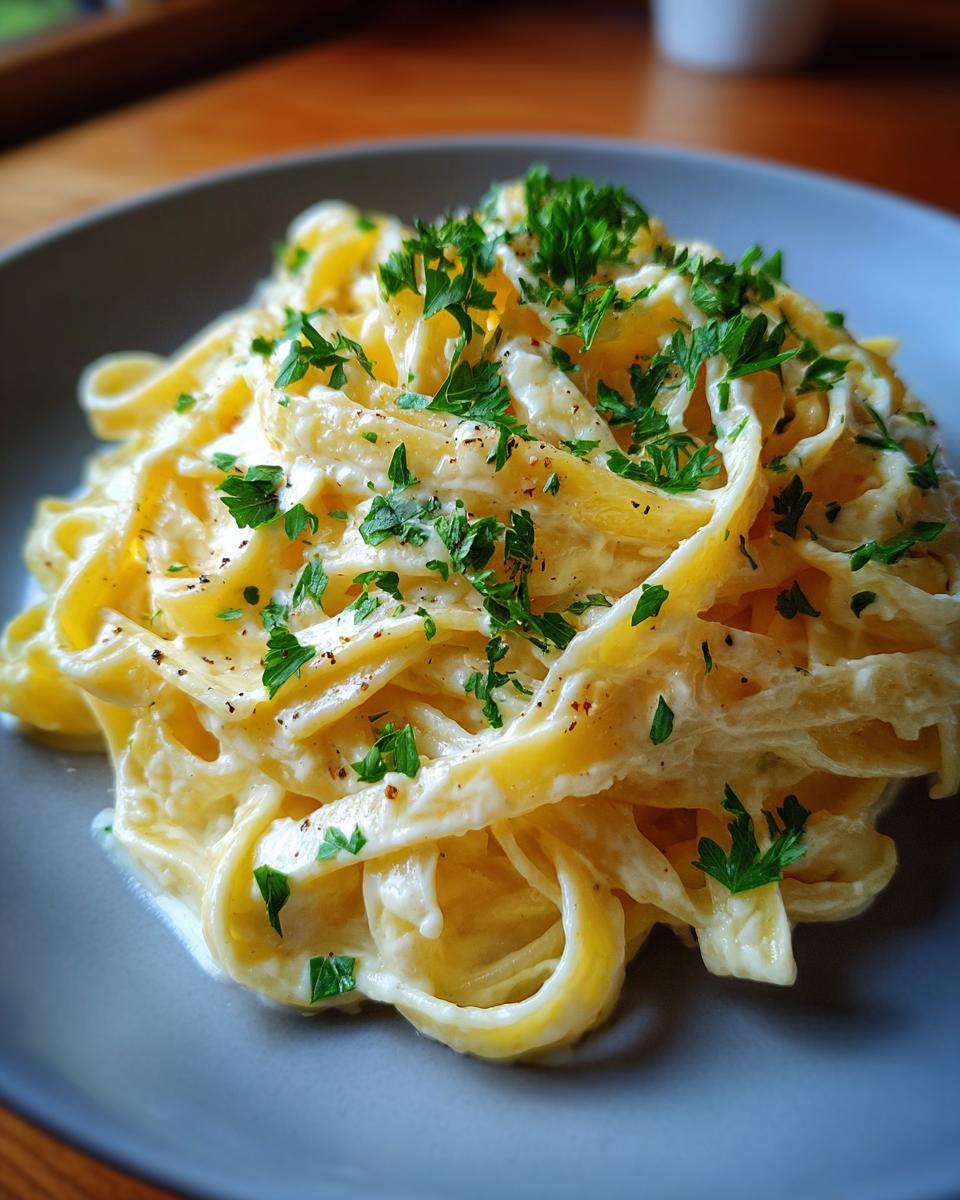 A close-up of creamy fettuccine alfredo pasta, generously coated in sauce and sprinkled with fresh parsley.