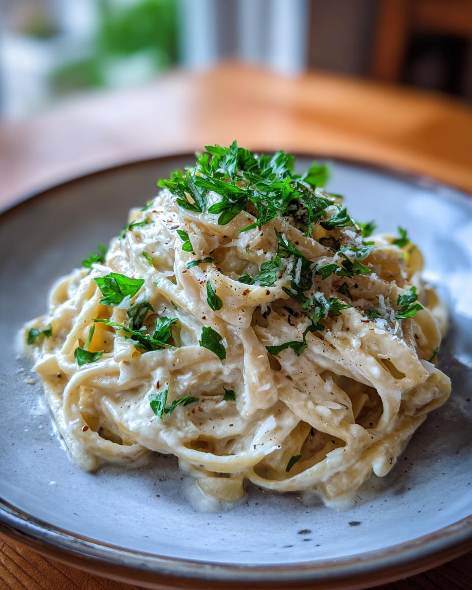 Close-up of creamy fettuccine alfredo pasta topped with fresh parsley and grated cheese, made with roasted garlic.