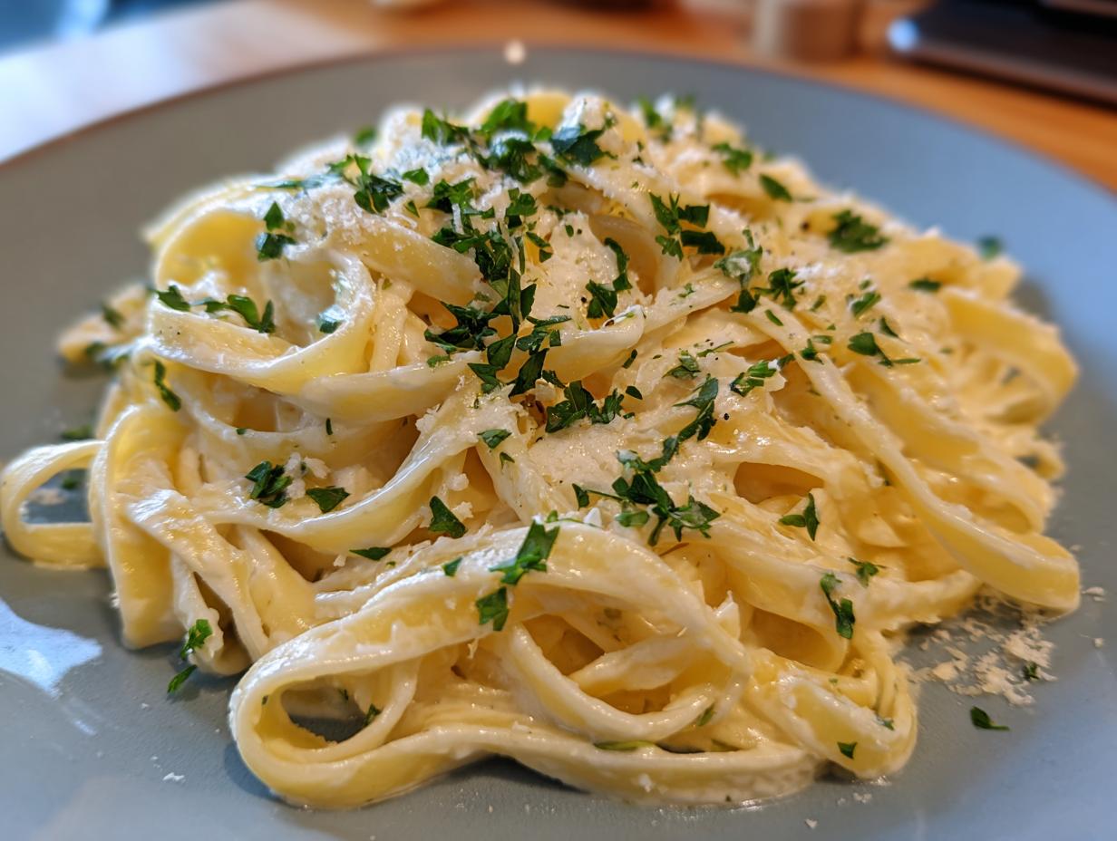 A close-up of fettuccine pasta coated in creamy Alfredo sauce, topped with fresh parsley and grated Parmesan cheese.
