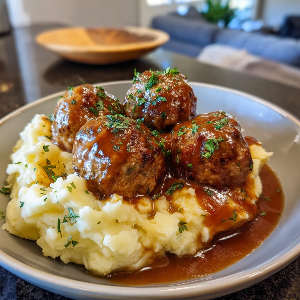 A bowl of Salisbury Steak Meatballs served over creamy Garlic Herb Mashed Potatoes, garnished with parsley.
