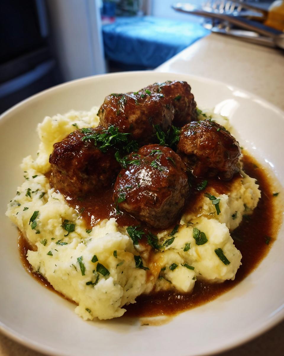 Four Salisbury steak meatballs covered in gravy served over a bed of garlic herb mashed potatoes, garnished with parsley.