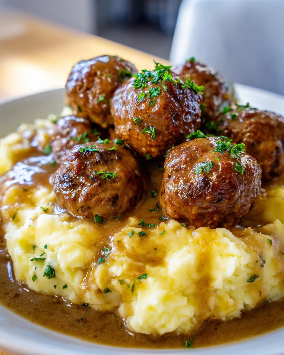 A close-up of Salisbury steak meatballs served over creamy garlic herb mashed potatoes, drizzled with gravy and garnished with parsley.