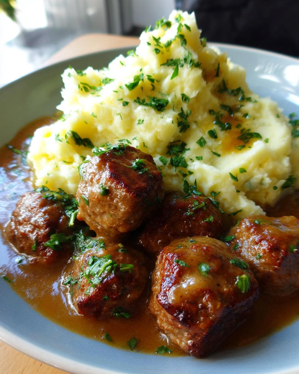 Close-up of Salisbury steak meatballs in gravy served with fluffy garlic herb mashed potatoes, garnished with parsley.