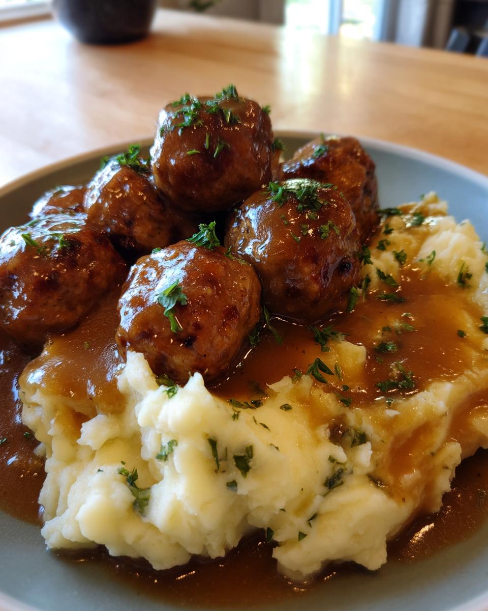 A plate of Salisbury steak meatballs smothered in gravy, served with fluffy garlic herb mashed potatoes and garnished with parsley.