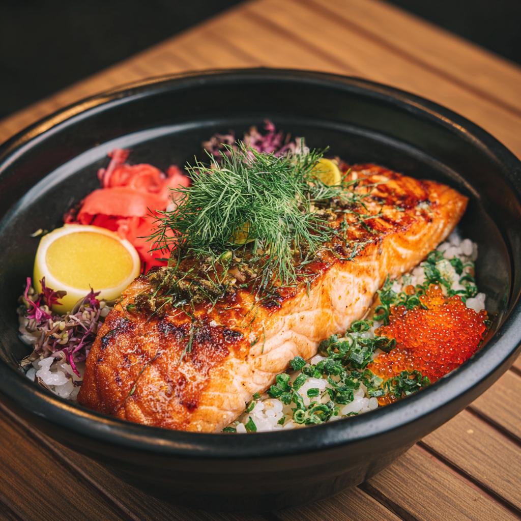 A vibrant salmon power bowl with rice, salmon fillet, ginger, lemon, and roe, perfect for healthy lunch ideas.
