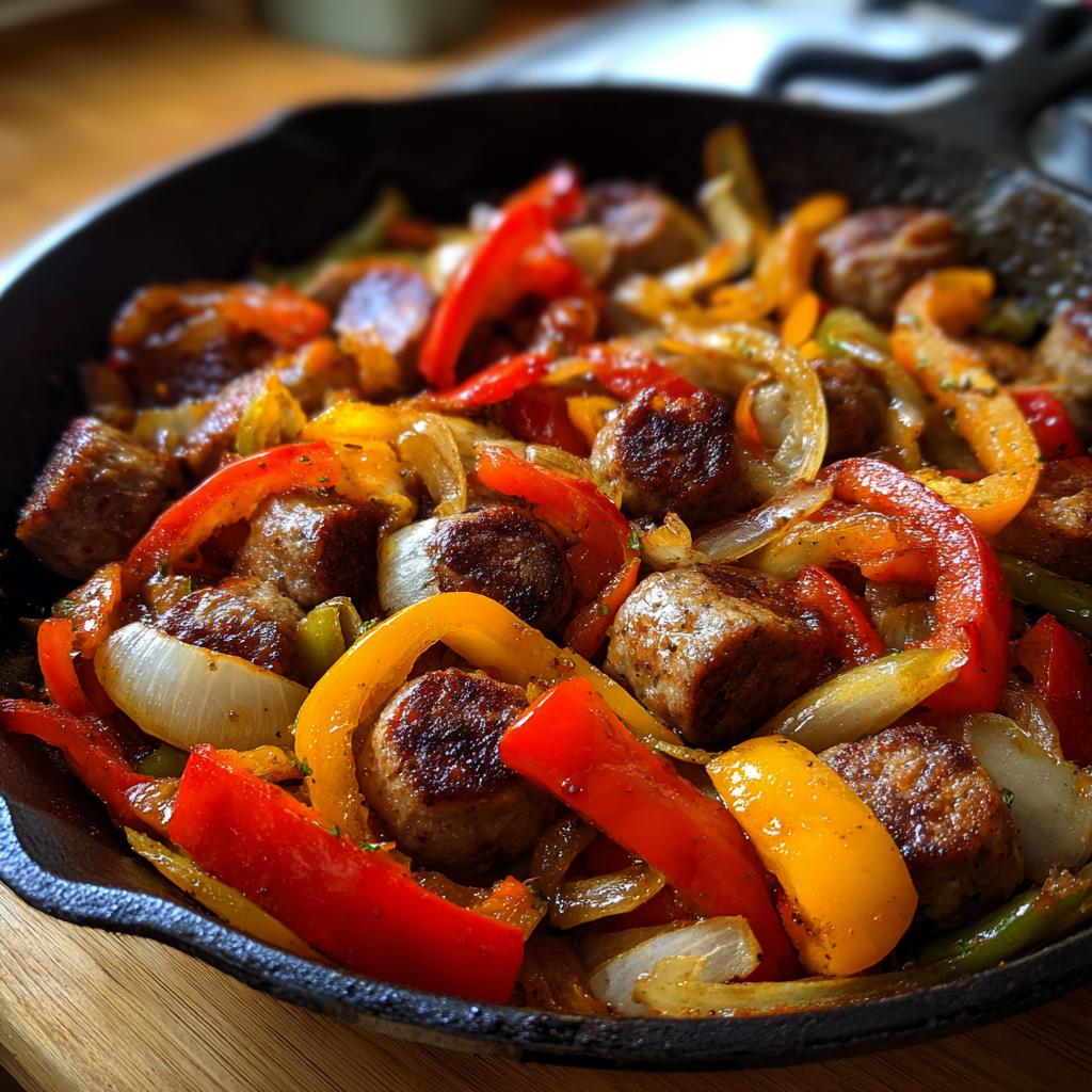 A close-up of sausage and peppers cooked in a cast iron skillet, a perfect example of easy dinner recipes.
