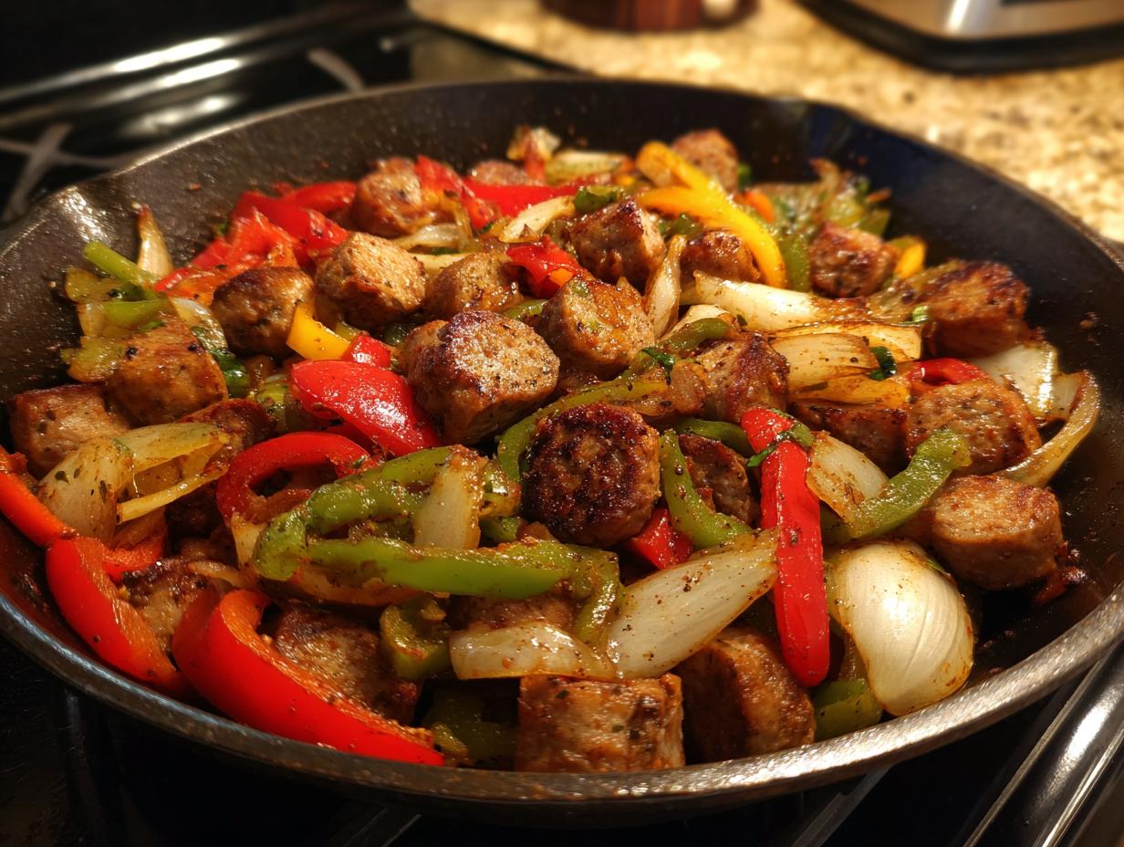 A close-up of sausage and peppers cooked in a cast-iron skillet, showcasing colorful bell peppers, onions, and sliced sausage.