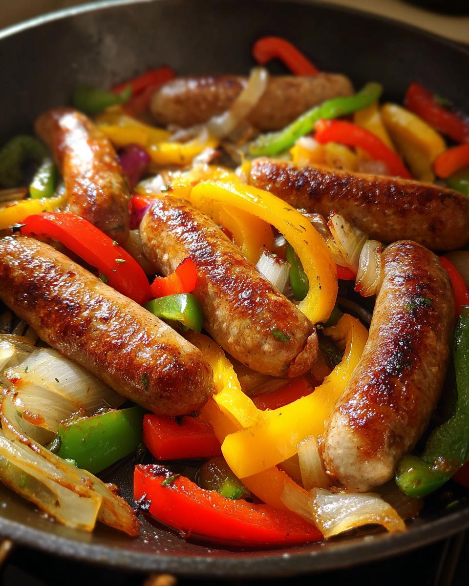 Close-up of sausage and peppers cooking in a skillet, featuring colorful bell peppers and onions.