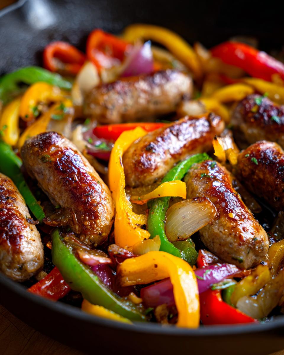 Close-up of a skillet filled with browned sausages, colorful bell peppers (red, yellow, green), and red onions.