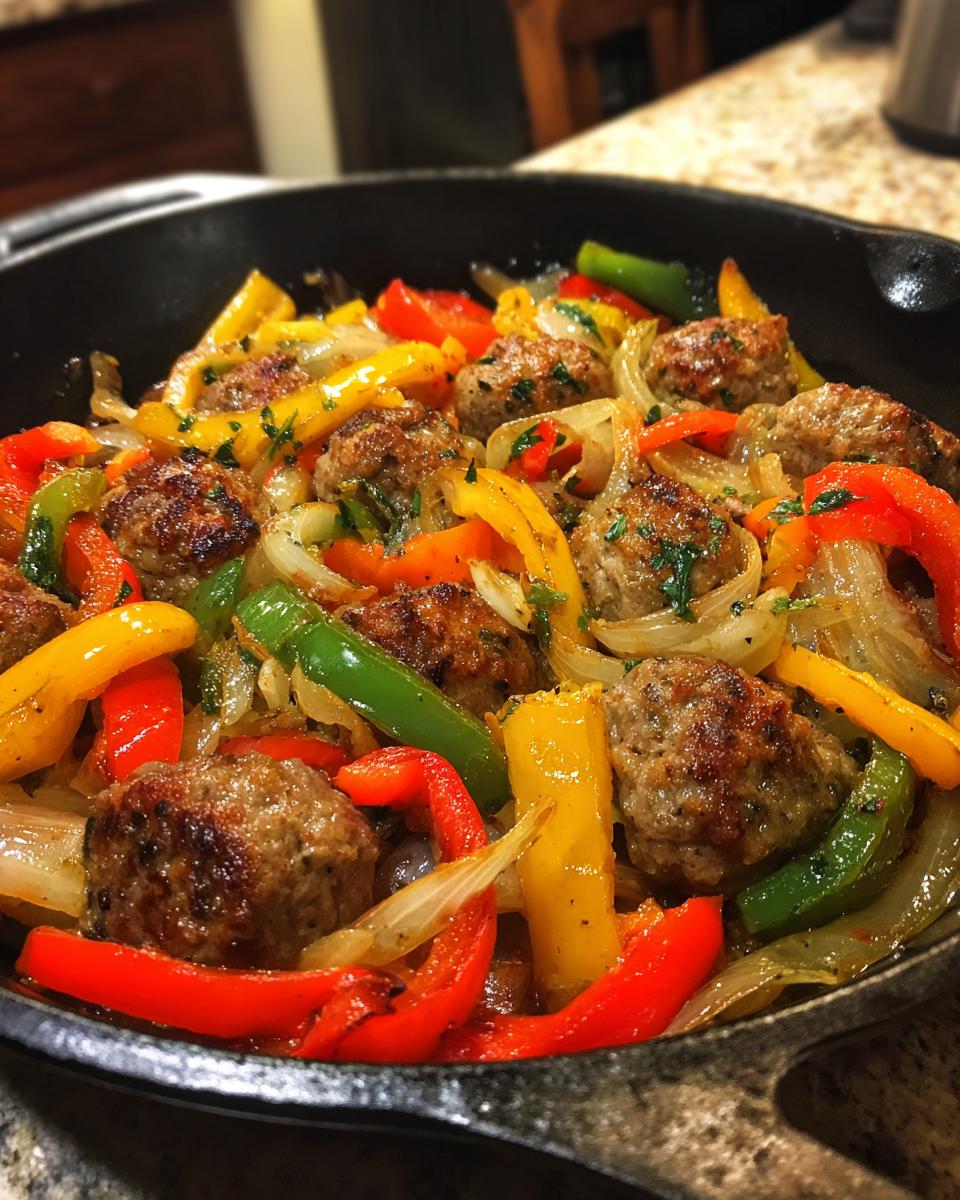Close-up of sausage and peppers cooked in a skillet, a delicious and easy dinner recipe.