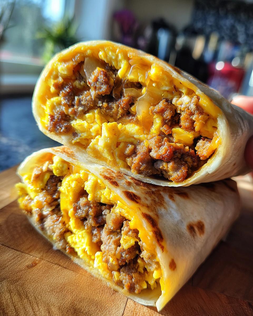 Close-up of a sausage breakfast burrito cut in half, revealing scrambled eggs, sausage crumbles, and melted cheese.