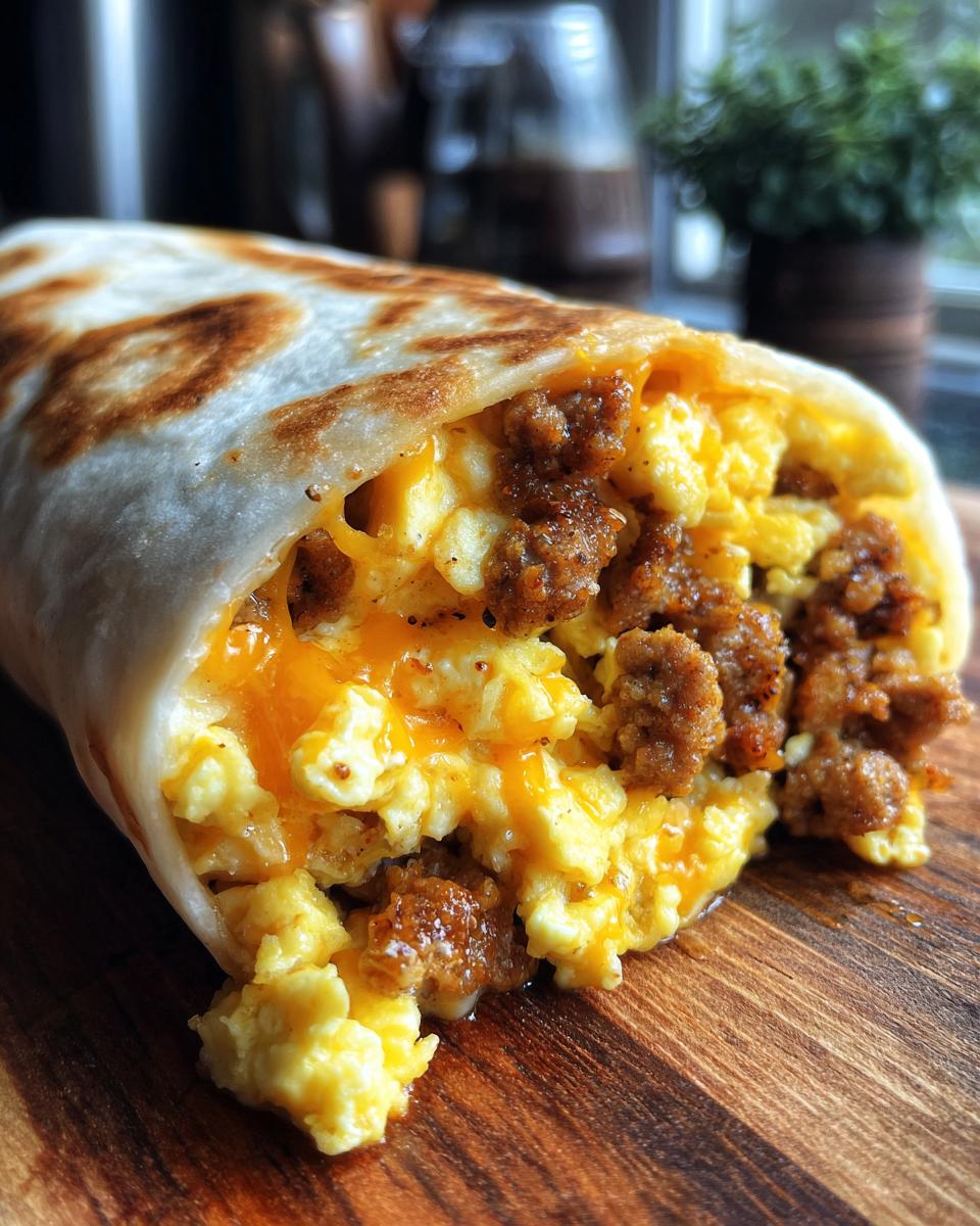 Close-up of a delicious sausage breakfast burrito filled with scrambled eggs and melted cheese.