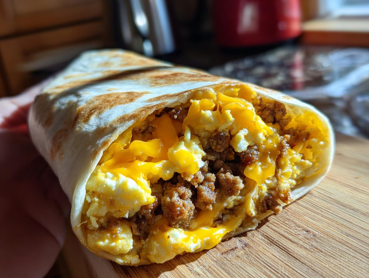 Close-up of a sausage breakfast burrito filled with scrambled eggs, crumbled sausage, and melted cheese.