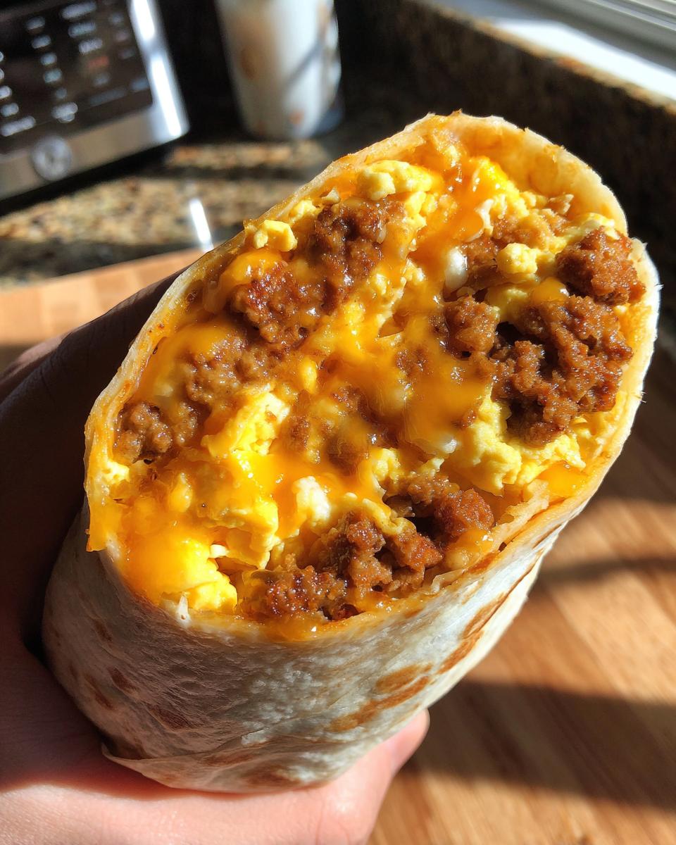 Close-up of a cut sausage breakfast burrito showing scrambled eggs, crumbled sausage, and melted cheese.