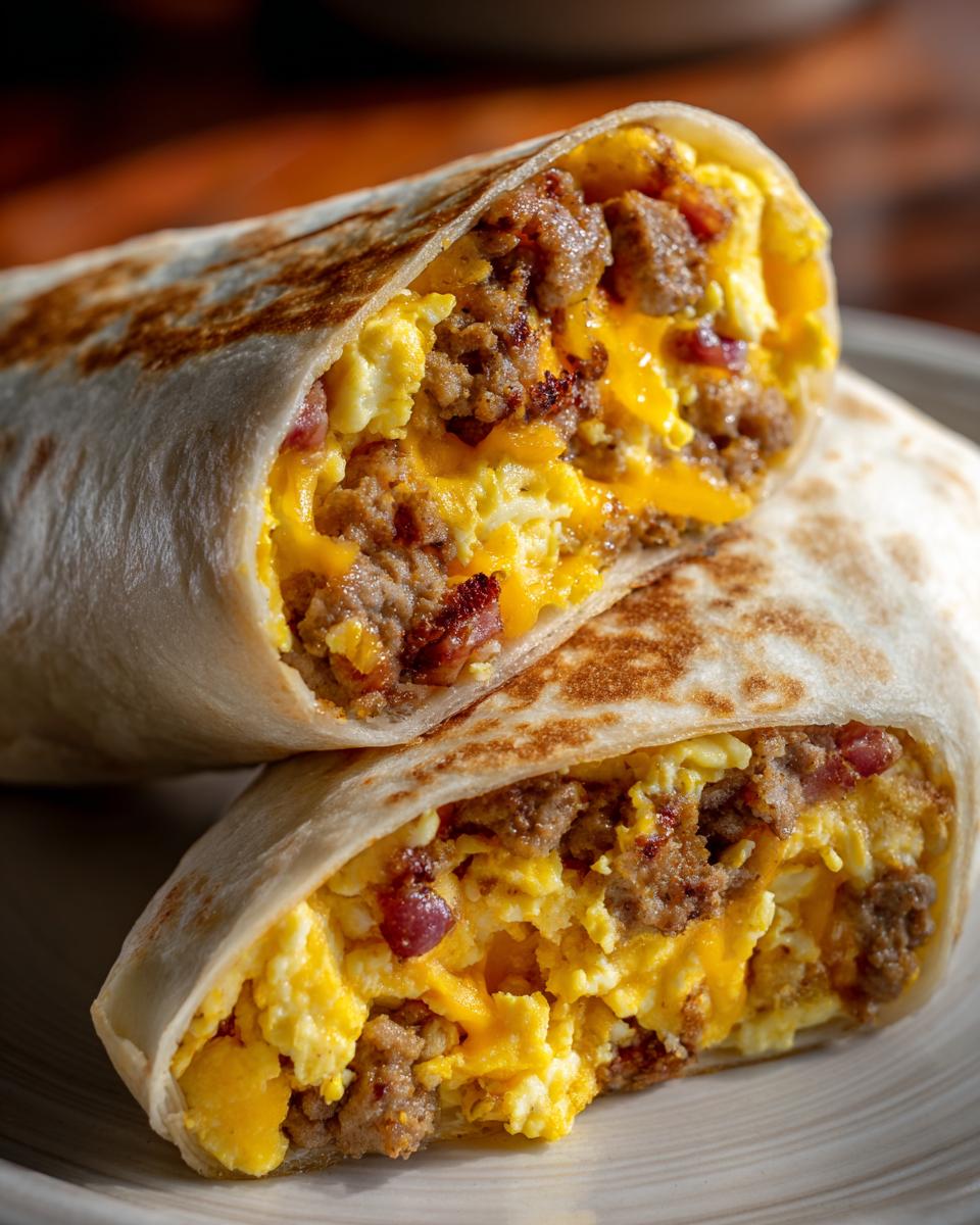 Close-up of a sausage breakfast burrito cut in half, showing scrambled eggs, crumbled sausage, bacon bits, and melted cheese.