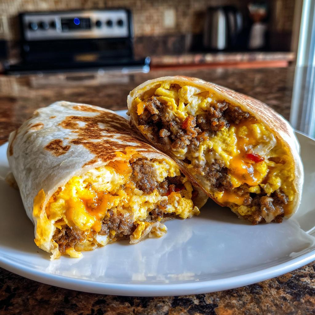 A close-up of a sausage breakfast burrito, cut in half, revealing scrambled eggs, sausage, and melted cheese.