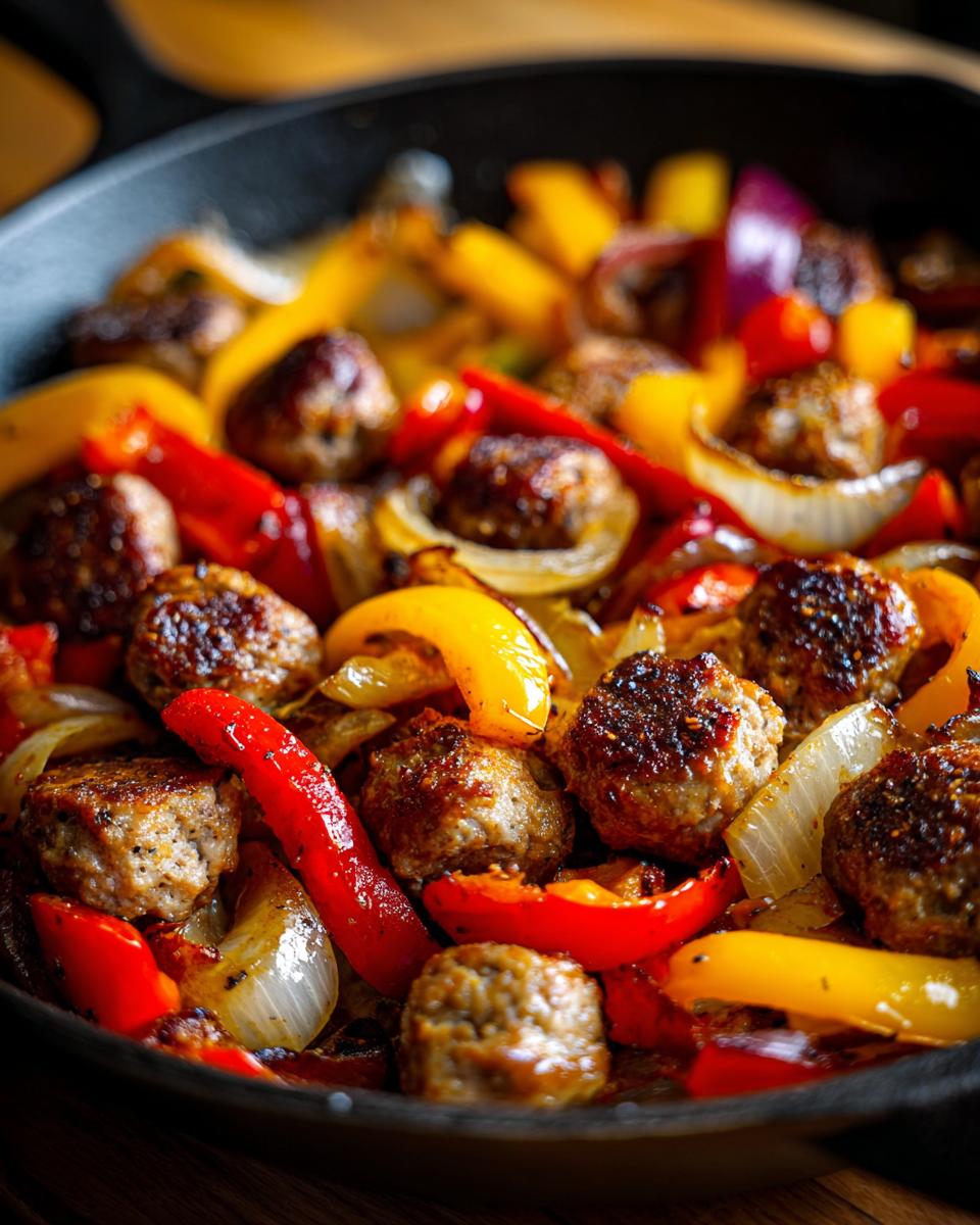 Close-up of sausage meatballs and colorful bell peppers and onions sizzling in a cast iron skillet, part of an easy dinner recipe.