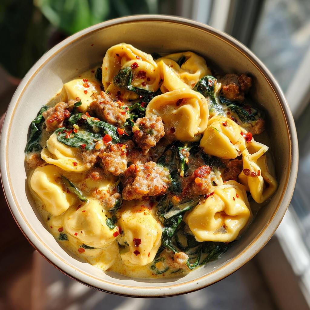 A close-up overhead view of a bowl filled with sausage spinach tortellini in a creamy sauce, sprinkled with red pepper flakes.