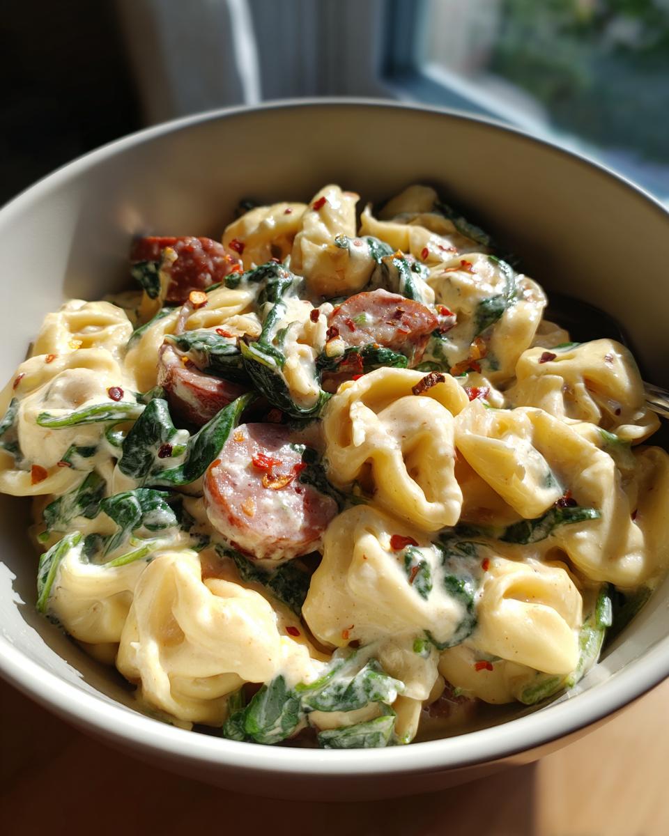 Close-up of sausage spinach tortellini in a creamy sauce, sprinkled with red pepper flakes.