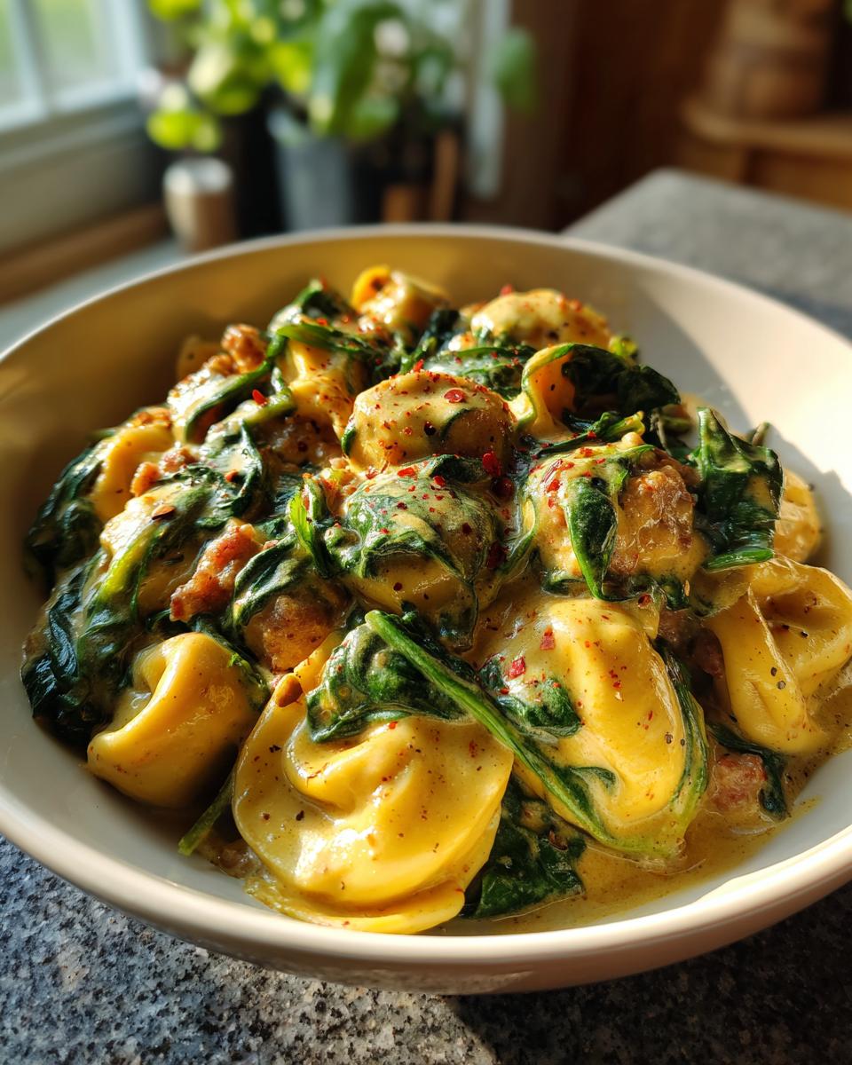A close-up of a bowl filled with creamy sausage spinach tortellini, garnished with red pepper flakes.