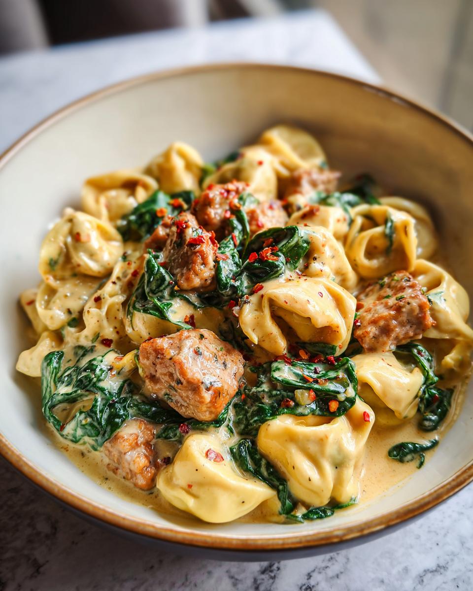 Close-up of sausage spinach tortellini in a creamy sauce, sprinkled with red pepper flakes.