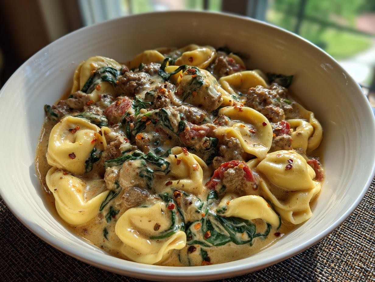 A bowl of sausage spinach tortellini in a rich, creamy sauce, sprinkled with red pepper flakes.