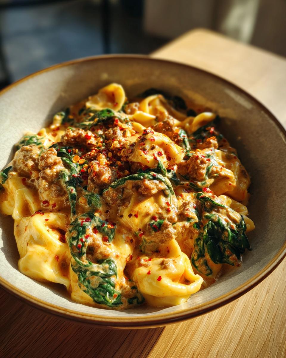 A bowl of creamy sausage spinach tortellini, topped with red pepper flakes, making pasta recipes feel fancy.