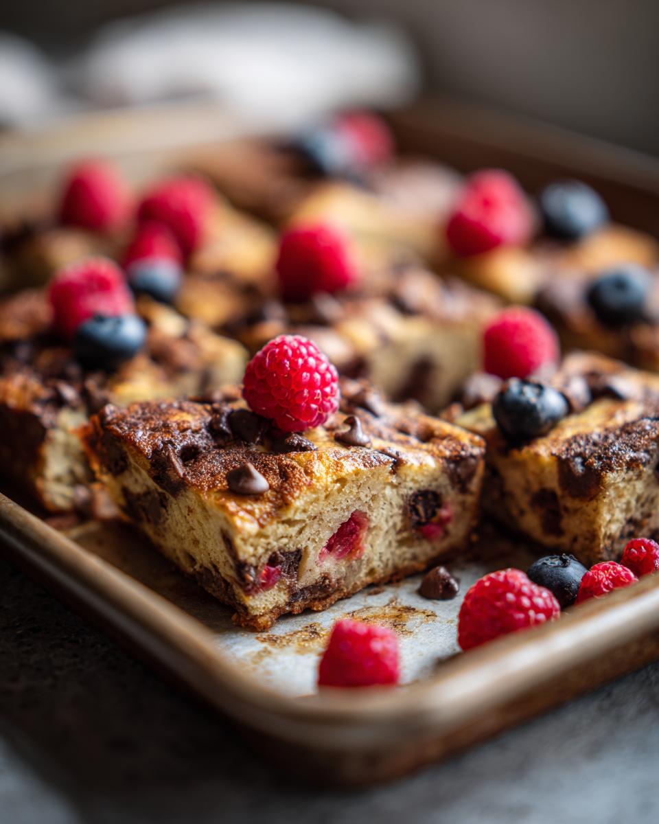 Close-up of sheet pan pancakes cut into squares, topped with raspberries, blueberries, and chocolate chips.