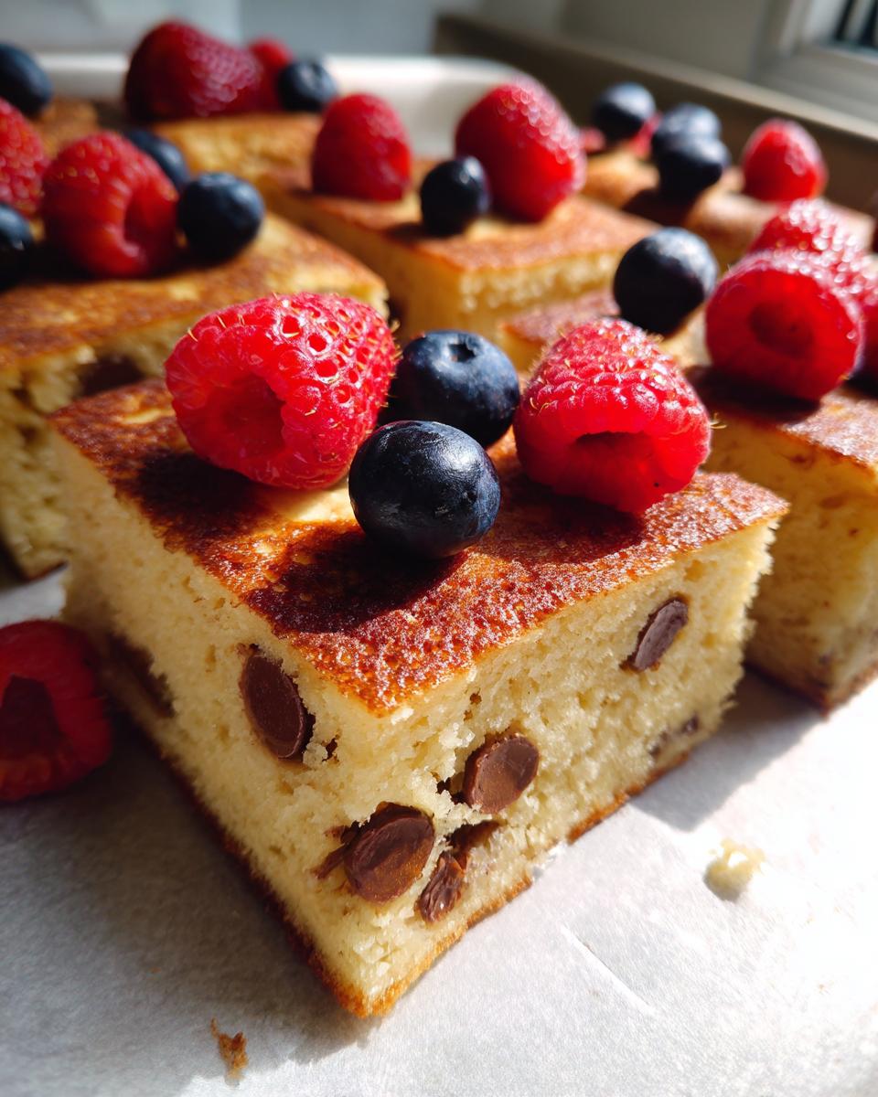 Close-up of sheet pan pancakes topped with fresh raspberries and blueberries, with chocolate chips visible inside.