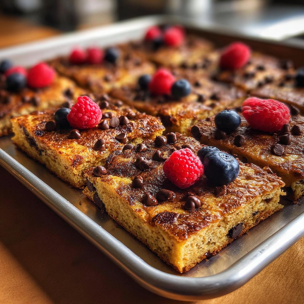 Close-up of sheet pan pancakes cut into squares, topped with chocolate chips, raspberries, and blueberries.