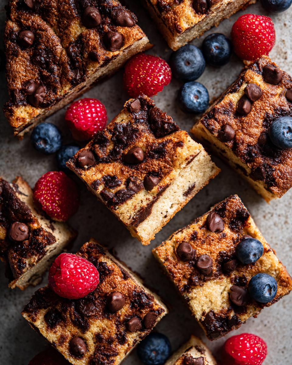 Close-up of chocolate chip sheet pan pancakes cut into squares, garnished with fresh raspberries and blueberries.