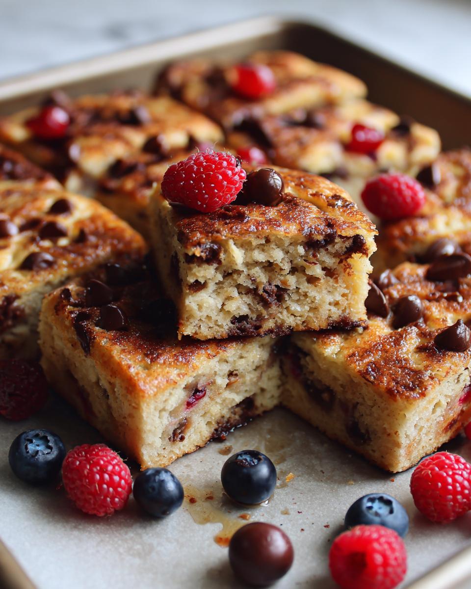 Close-up of sheet pan pancakes with chocolate chips, topped with raspberries and blueberries.