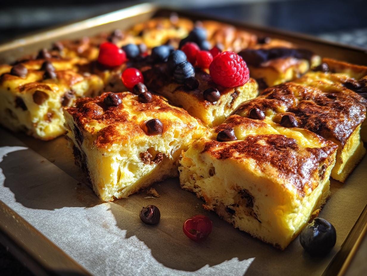 Close-up of freshly baked sheet pan pancakes with chocolate chips, topped with raspberries and blueberries.