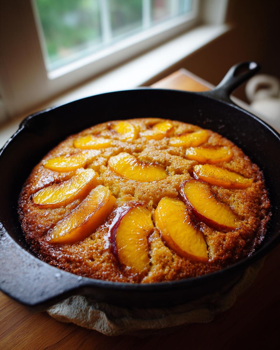 Close-up of a baked skillet cake topped with glistening peach slices, a perfect peach recipe for summer.