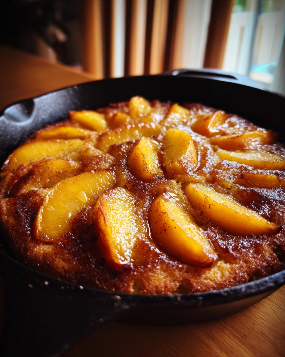 Close-up of a freshly baked skillet peach cake, showcasing soft summer fruit slices baked into a golden-brown cake.