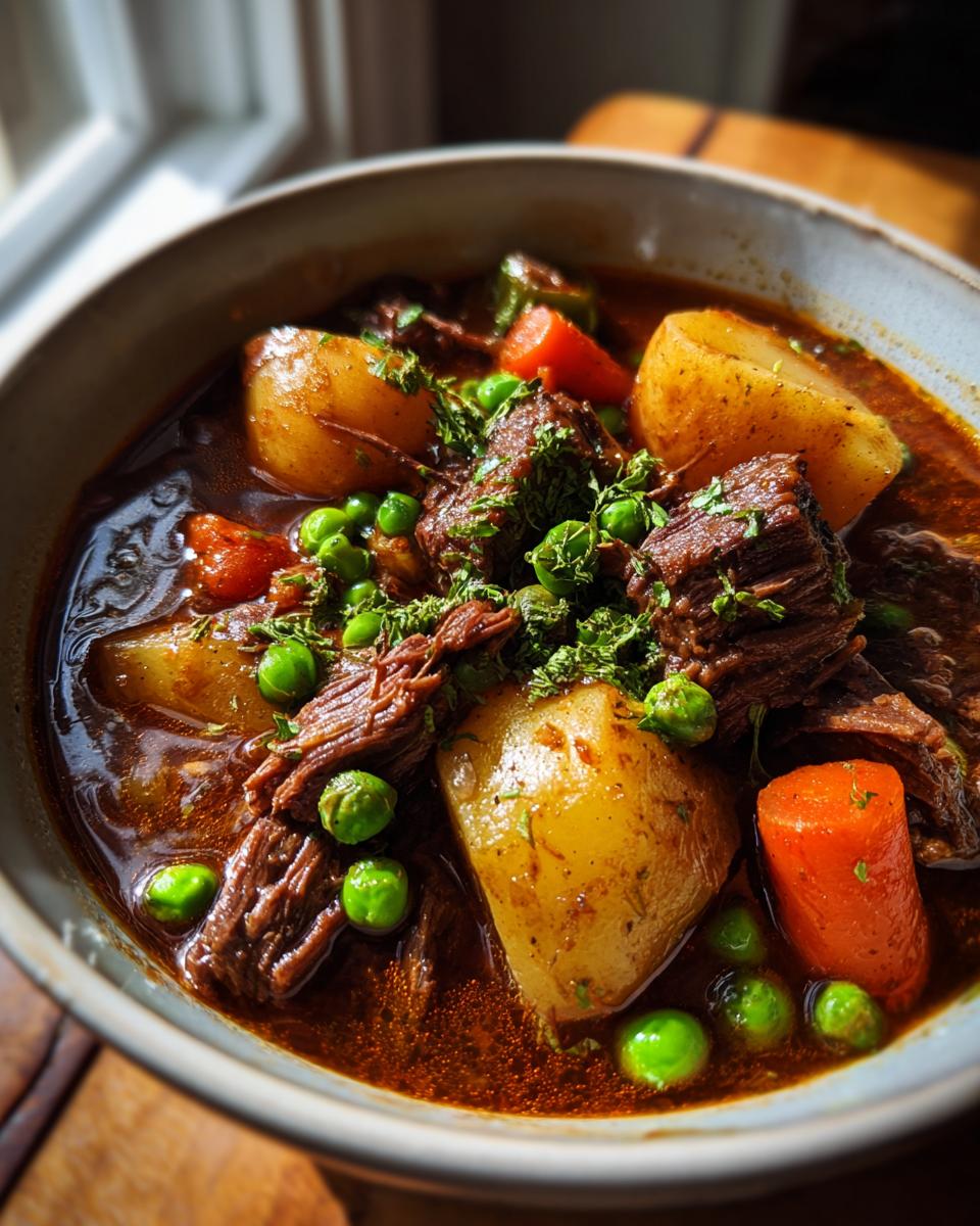 A close-up of rich slow cooker beef stew, featuring tender beef chunks, potatoes, carrots, and peas, garnished with fresh parsley.